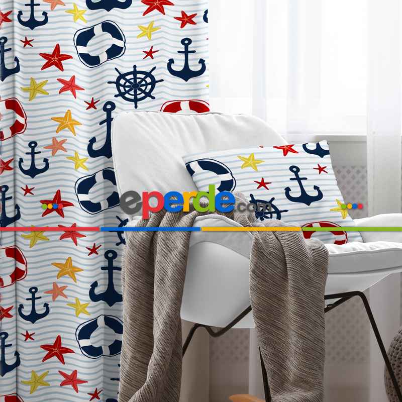 Çapa Desenli Fon Perde Evim932 Kumaşı Kalındır Duck Bezi Değildir- Mavi-beyaz