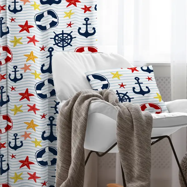 Çocuk Odası - Çapa Desenli Fon Perde Evim932 Kumaşı Kalındır Duck Bezi Değildir- Mavi-beyaz