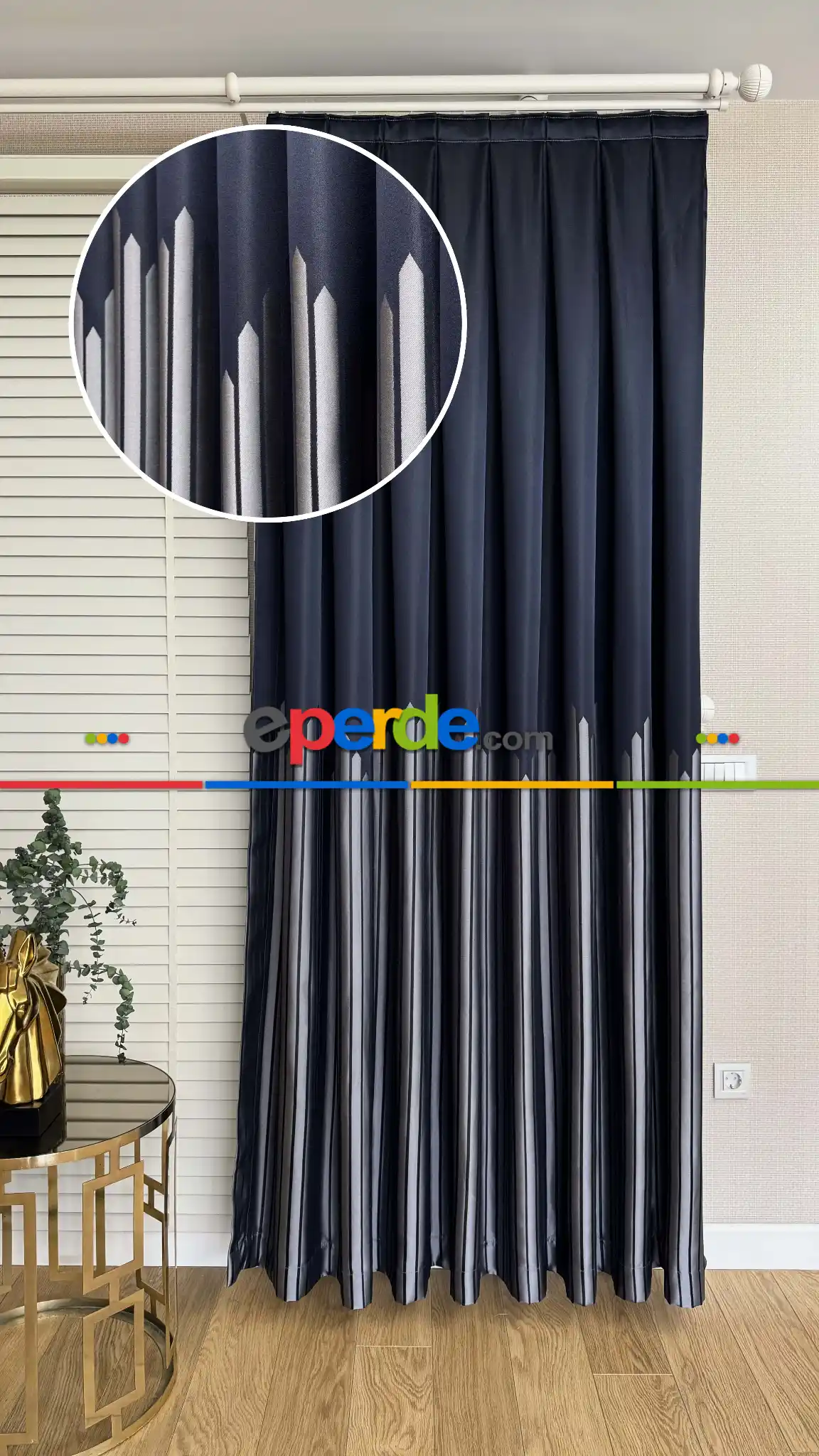 Lacivert Gri Çizgili Jakar Dokuma Fon Perde