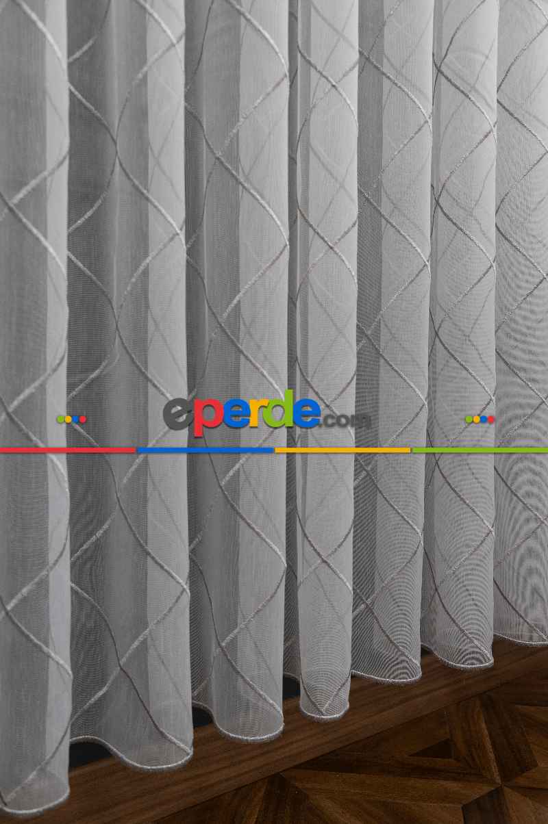 Yatak Odası - Geometik Desenli Tül Perde - Ekru - Gümüş