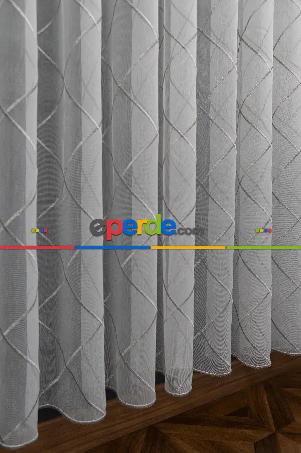 Salon - Geometik Desenli Tül Perde - Ekru - Gümüş