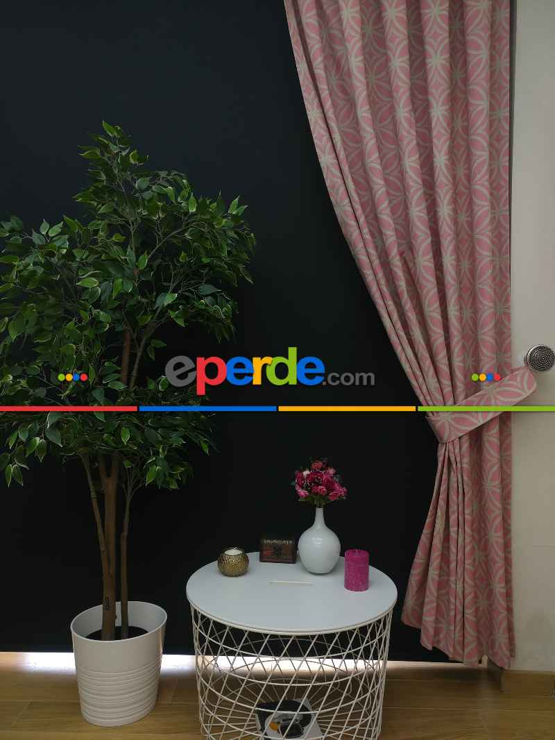 Yatak Odası - Dairesel Desenli Oturma Odası Fon Perde- Pembe Pudra Pembe