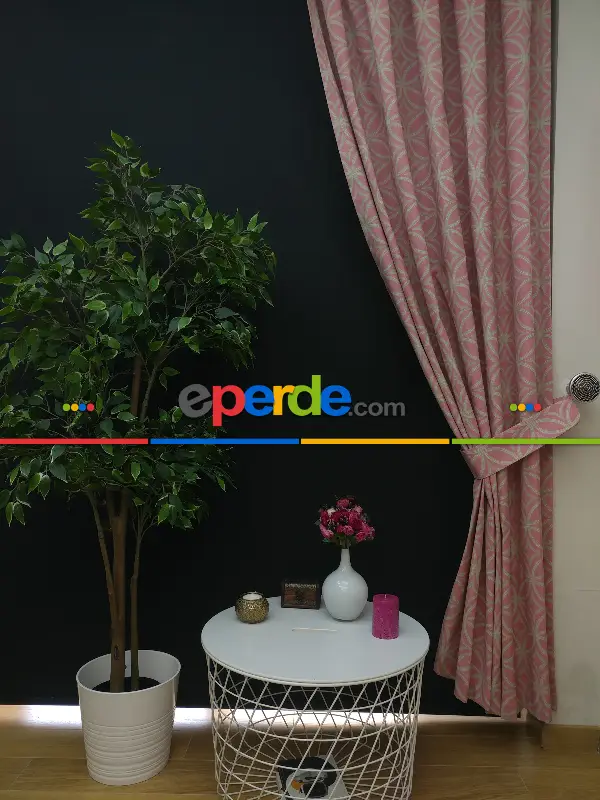 Dairesel Desenli Oturma Odası Fon Perde- Pembe Pudra Pembe