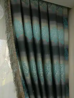 Renk Geçişli Jakar Damask Desenli Salon Fon Perdesi - Lacivert - Mavi - Bej ( Kendinden Saçaklı)- Bej-füme-turkuaz