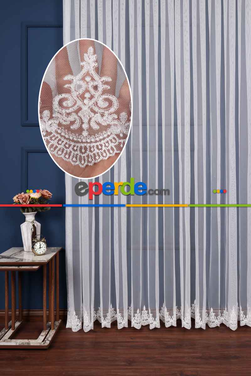 Grek Etek Ucu İşlemeli Nakış Tül Arne Desen Kırık Beyaz