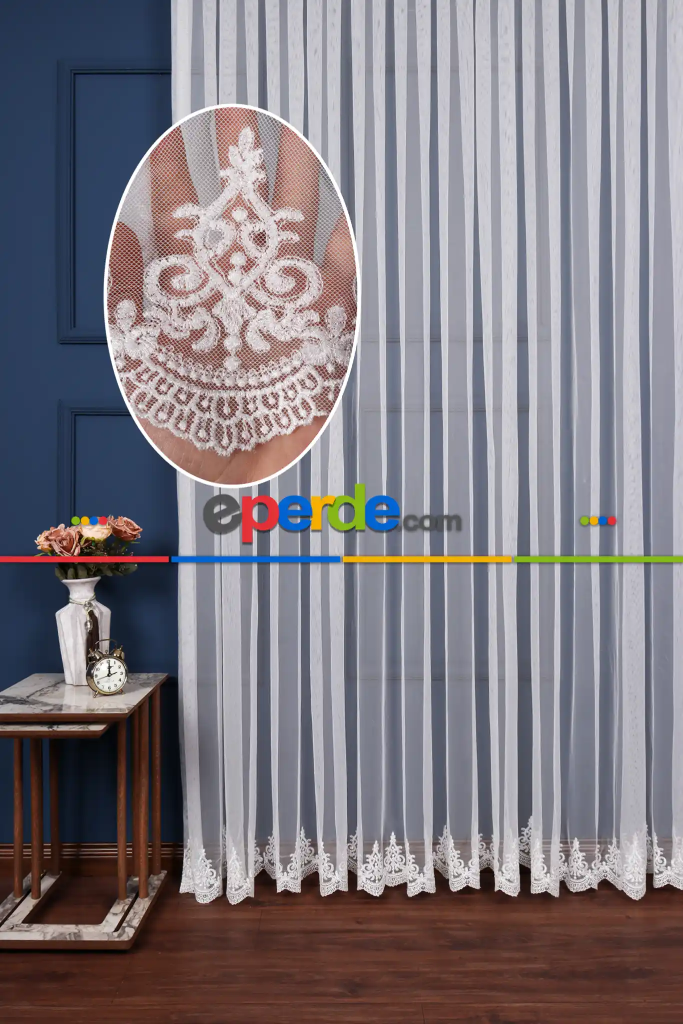 Mutfak Grek Etek Ucu İşlemeli Nakış Tül Arne Desen Kırık Beyaz