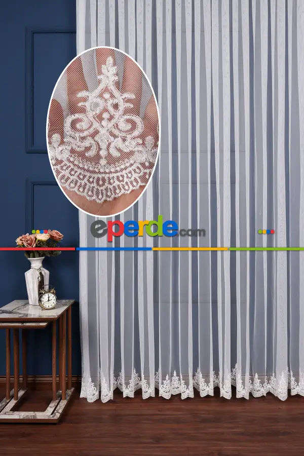 Mutfak Grek Etek Ucu İşlemeli Nakış Tül Arne Desen Kırık Beyaz