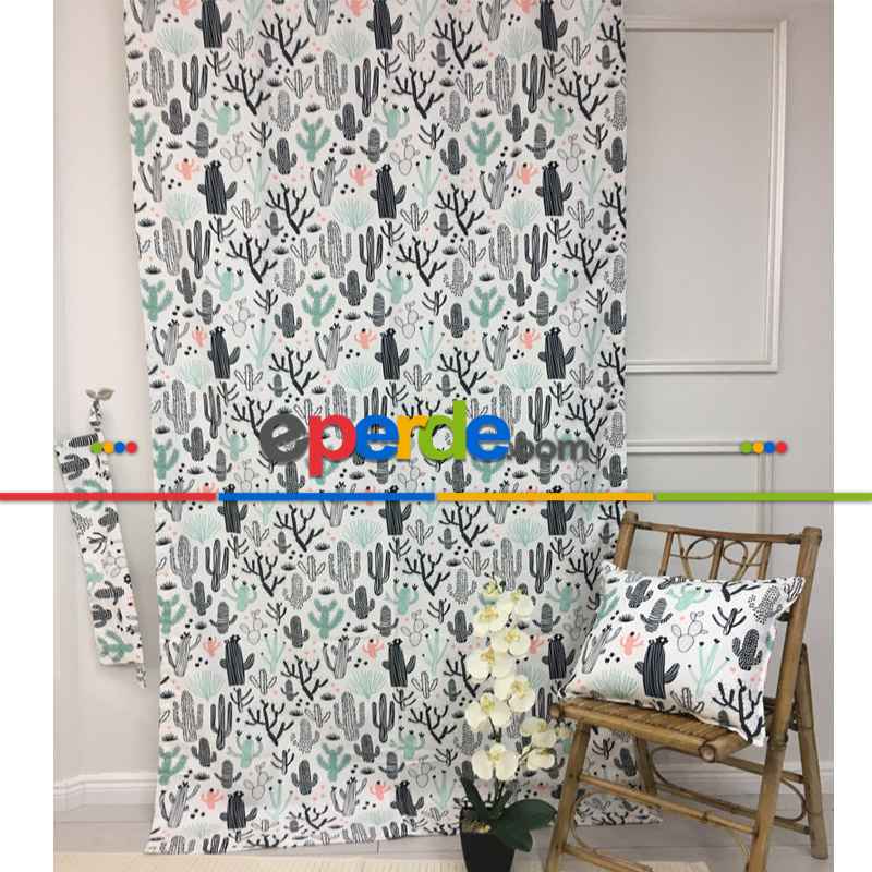 Kaktüs Desenli Fon Perde Evm694 Kumaşı Kalındır Duck Bezi Değildir- Siyah-Beyaz