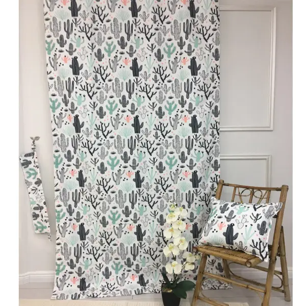 Bebek Odası Fon - Kaktüs Desenli Fon Perde Evm694 Kumaşı Kalındır Duck Bezi Değildir- Siyah-Yeşil