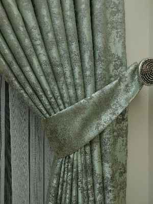 Su Yeşili Renk Jakar Desenli Fon Perde- Su Yeşili