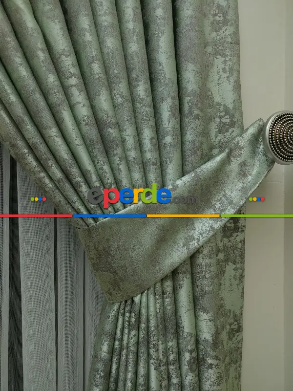 Su Yeşili Renk Jakar Desenli Fon Perde- Su Yeşili