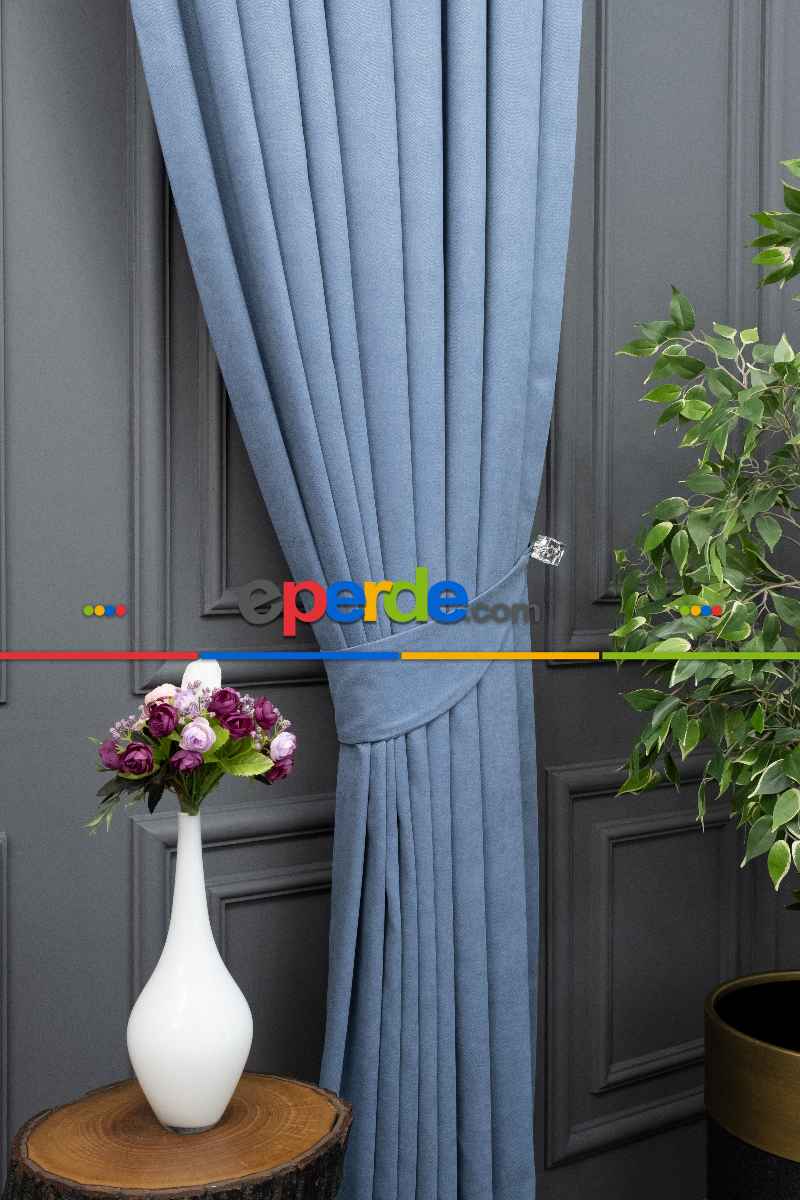 Bebek Odası - Mavi Rengi Düz Fon Perde Dökümlü Fon Perde