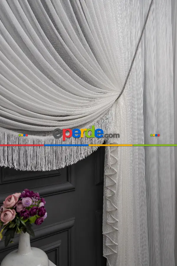 Yalancı Kruvaze - Tülden Fon - Halat İle Yana Toplamalı Tül - Kordon Toplama Tül - Çift Veya Tek Kanat - Püskül Ve Kordon Bağı İlave Ücretlidir - Kurşunlu Tül