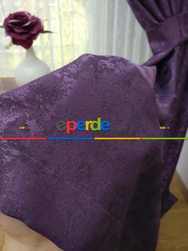 Patinedesenli Mor - Katyonik Jakar Fon Perde- Mor