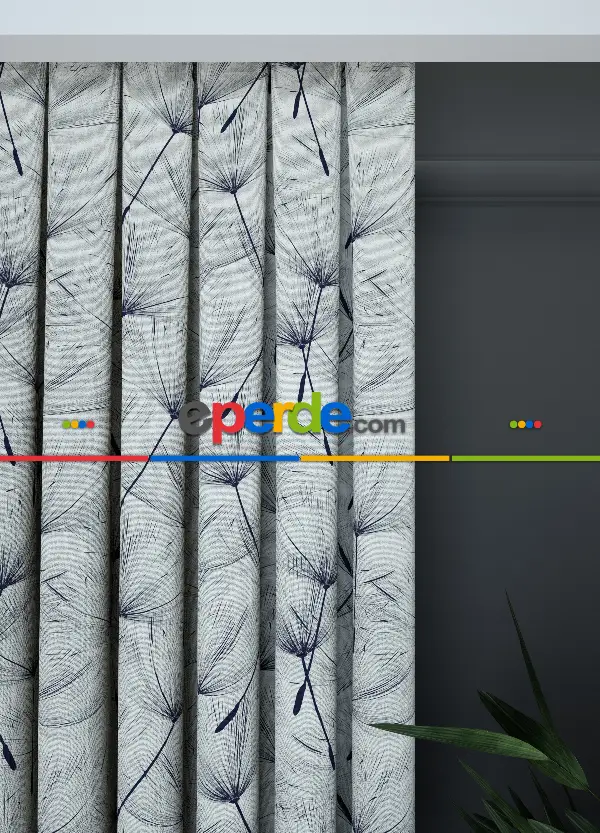 Dökümlü Kumaştan Geniş En Kırık Beyaz Lacivert Modern Desenli Fon Perde 1. Kalite
