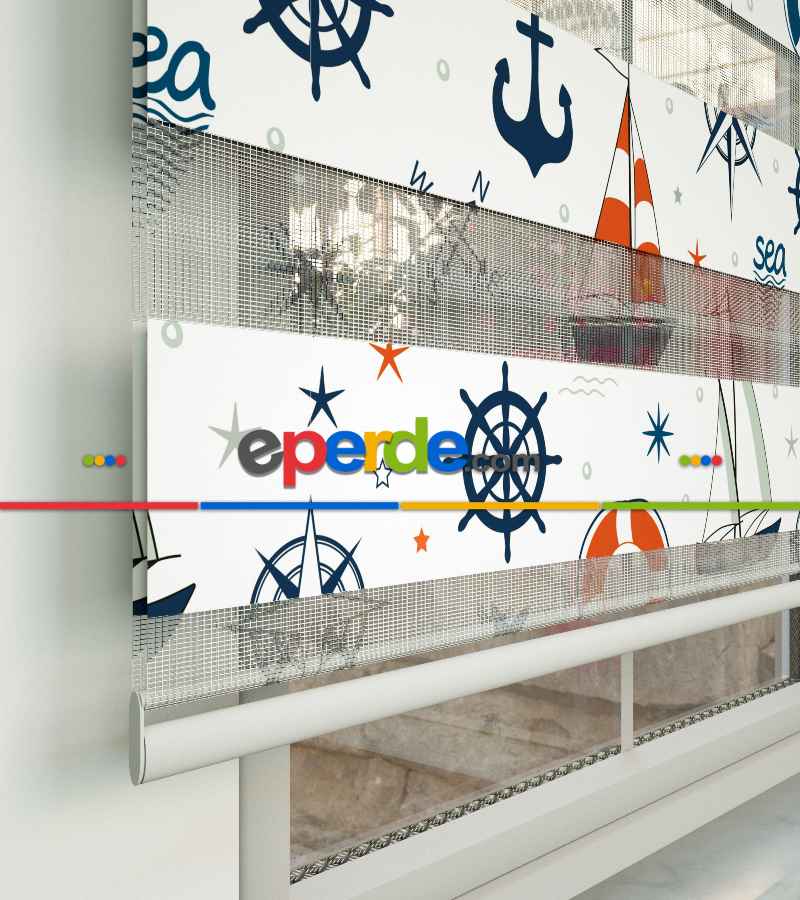 Bebek Odası Zebra Perde - Çapa Desen Baskılı Zebra Perde- Lacivert-Mavi-Kırmızı-Beyaz