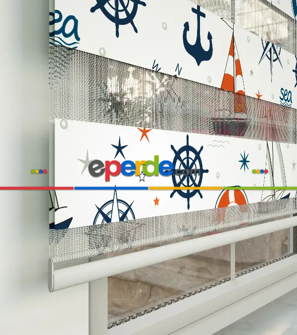 Bebek Odası Zebra Perde - Çapa Desen Baskılı Zebra Perde- Lacivert-Mavi-Kırmızı-Beyaz