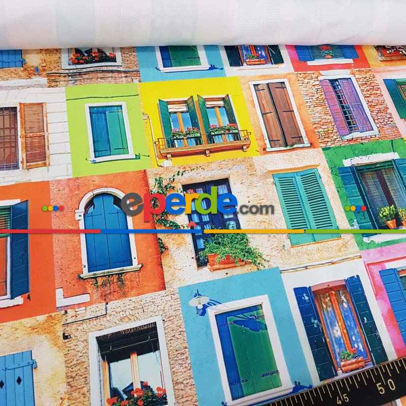 Renkli Pencereli Desenli Fon Perde Evm1068 Kumaşı Kalındır Duck Bezi Değildir- Mavi-Sarı-Kırmızı Açık