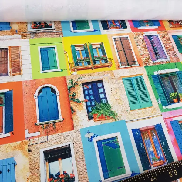 Renkli Pencereli Desenli Fon Perde Evm1068 Kumaşı Kalındır Duck Bezi Değildir- Mavi-Sarı-Kırmızı Açık