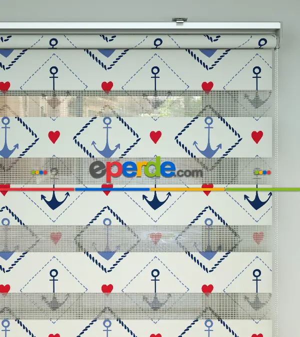 Çapa Ve Kalp Desen Baskılı Zebra Perde- Lacivert-mavi-kırmızı