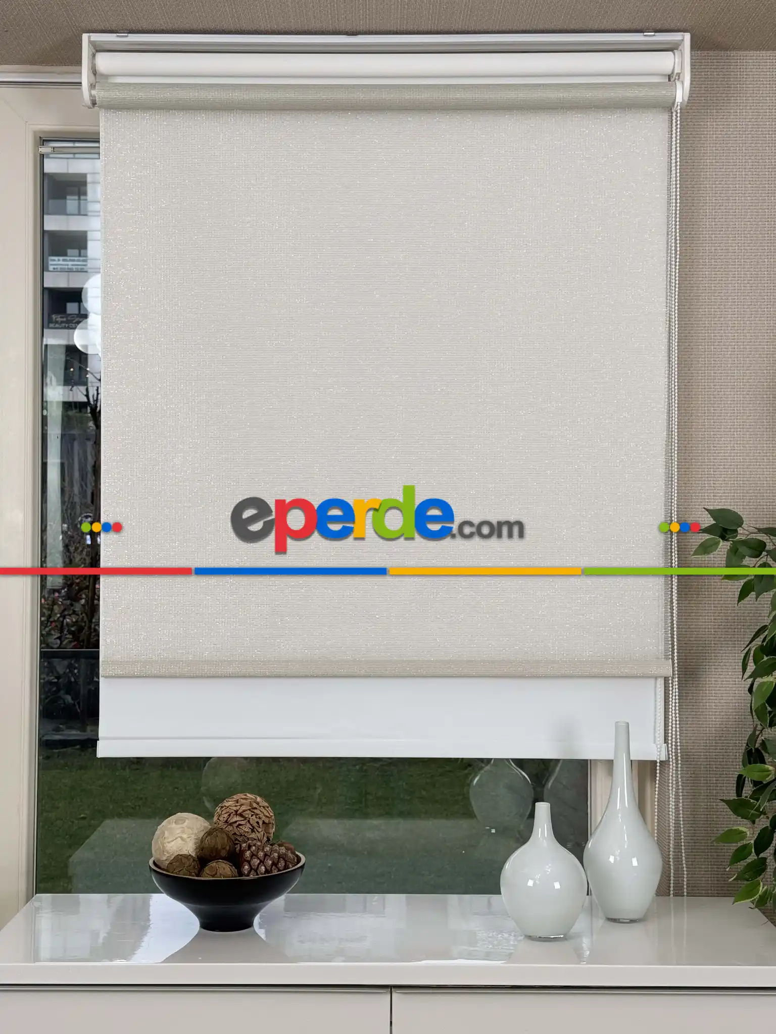 Ekru Krem Simli Çiftli Sistem Tül Stor Perde, Standart Metal Kasalı Yüksek Kalite Kornişe Kolay Montaj Seçenekli