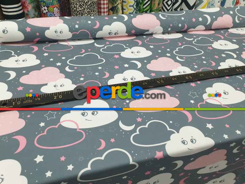 Bebek Odası Fon - Bulut Desenli Fon Perde Evm683-4 Kumaşı Kalındır Duck Bezi Değildir- Beyaz