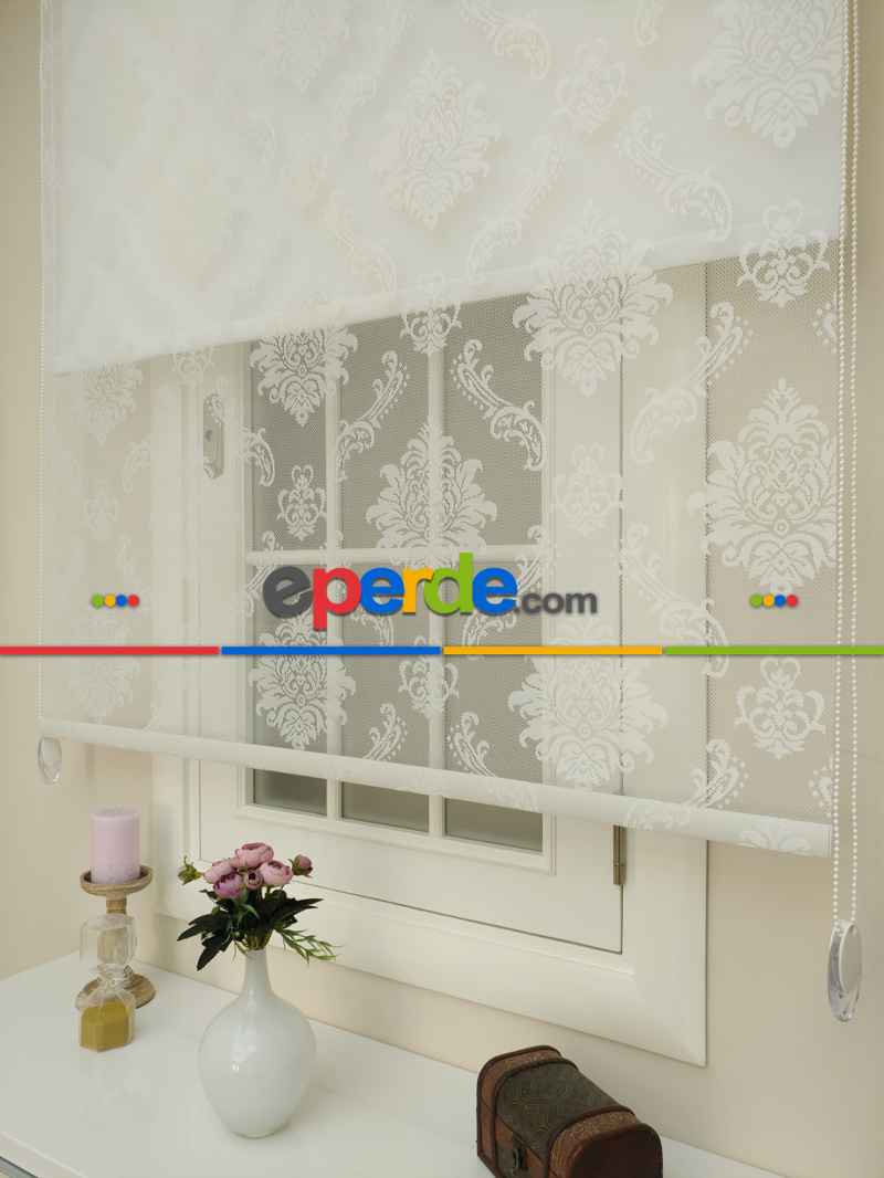 Yatak Odası - Jakar Örme Tül- Ekru Çiftli Sistem Dantel Desenli Perde- Ekru