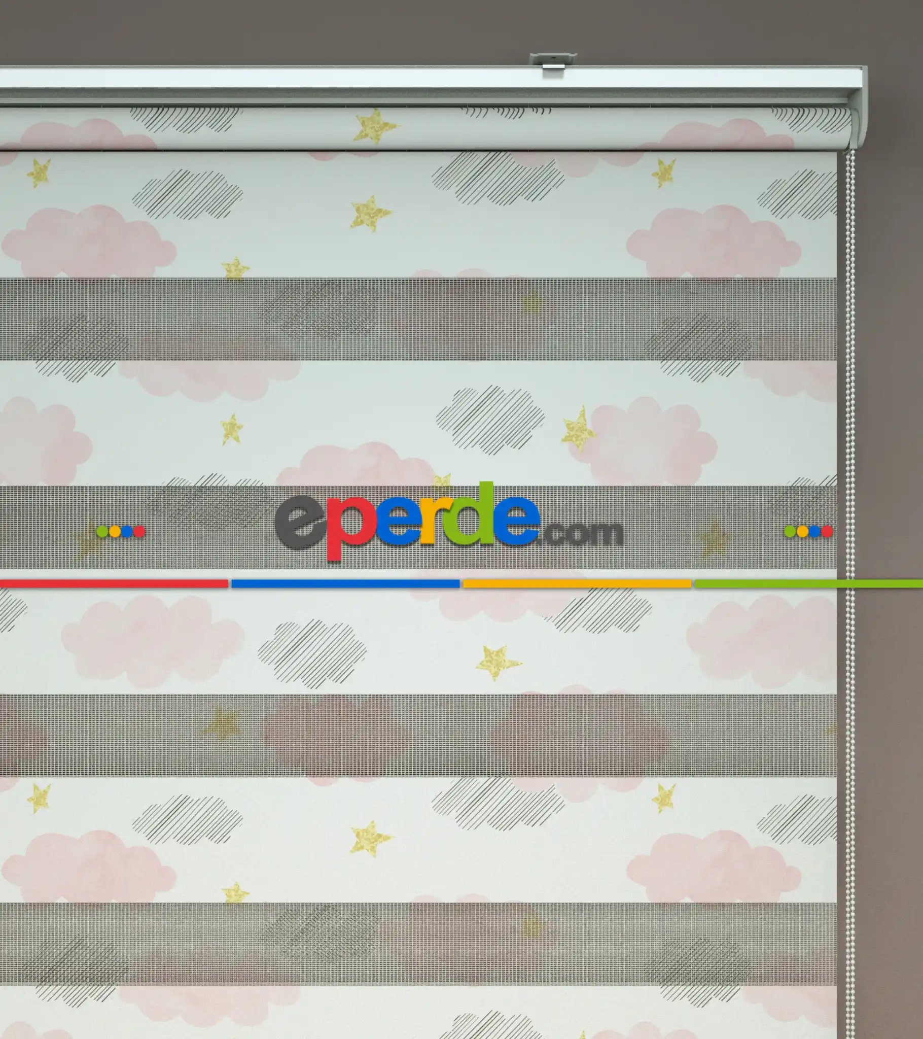 Bulut Desenli Baskılı Zebra Perde- Çok Renkli