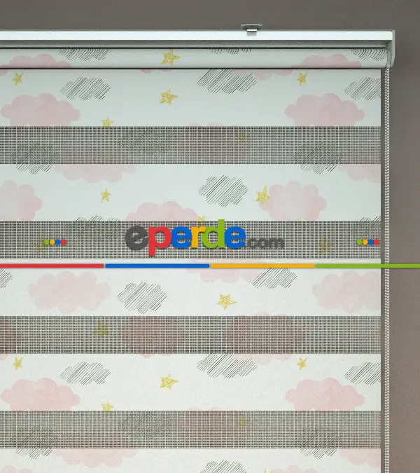 Bulut Desenli Baskılı Zebra Perde- Çok Renkli