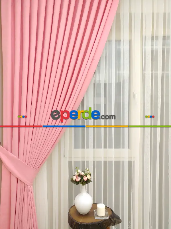 Salon Fon - Pembe Rengi Düz Fon Perde Dökümlü Birinci Kalite 300 Cm Geniş En Daha Hesaplı- Pembe Açık