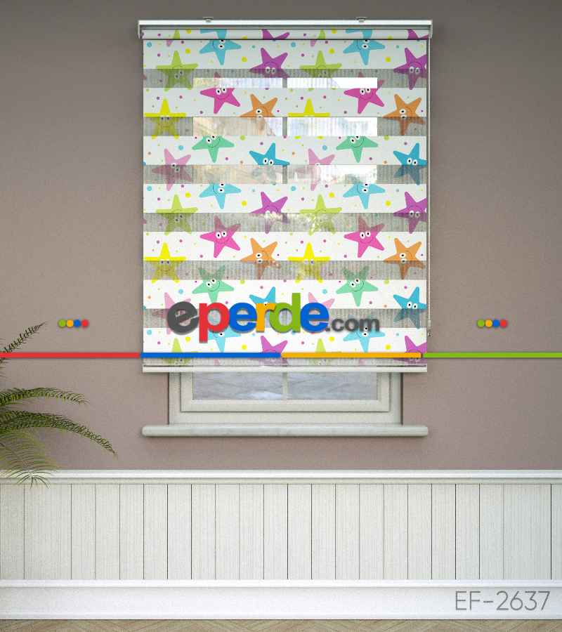 Yıldız Desenli Baskılı Zebra Perde- Çok Renkli