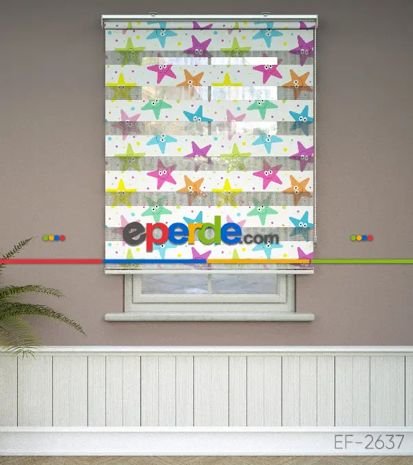 Yıldız Desenli Baskılı Zebra Perde- Çok Renkli