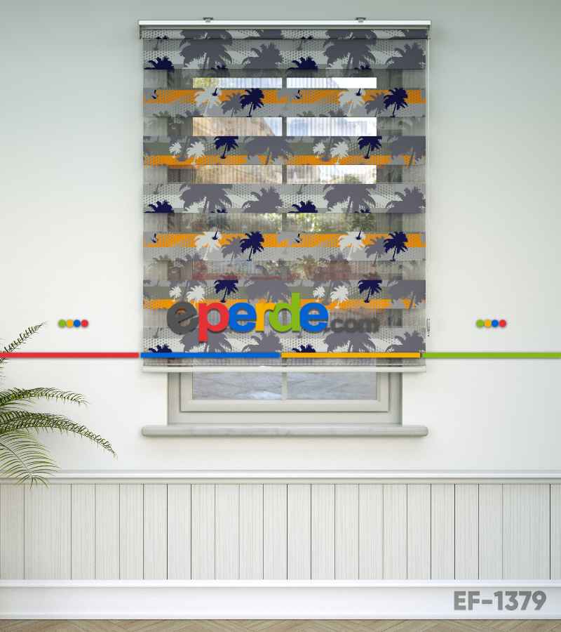 Palmiye Desen Baskılı Zebra Perde- Lacivert-gri-füme-antrasit-turuncu