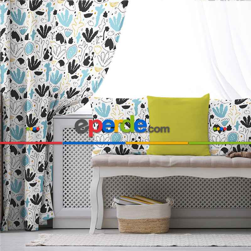 Çocuk Odası - Mavi Siyah Desenli Fon Perde Evim428 Kumaşı Kalındır Duck Bezi Değildir- Mavi-beyaz