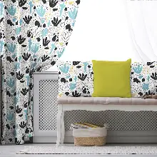 Çocuk Odası - Mavi Siyah Desenli Fon Perde Evim428 Kumaşı Kalındır Duck Bezi Değildir- Mavi-beyaz