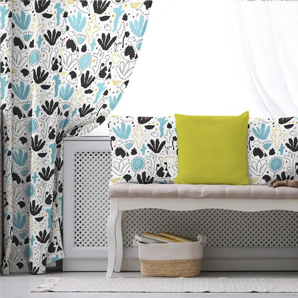 Çocuk Odası - Mavi Siyah Desenli Fon Perde Evim428 Kumaşı Kalındır Duck Bezi Değildir- Mavi-beyaz