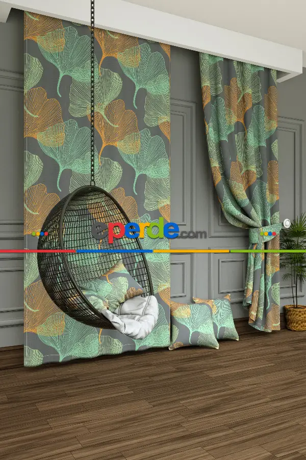 Yatak Odası - Dökümlü Kumaştan Tropikal Çizgili Yaprak Desenli Baskılı Fon Perde- Yeşil-Gri-Füme-Antrasit-Turuncu
