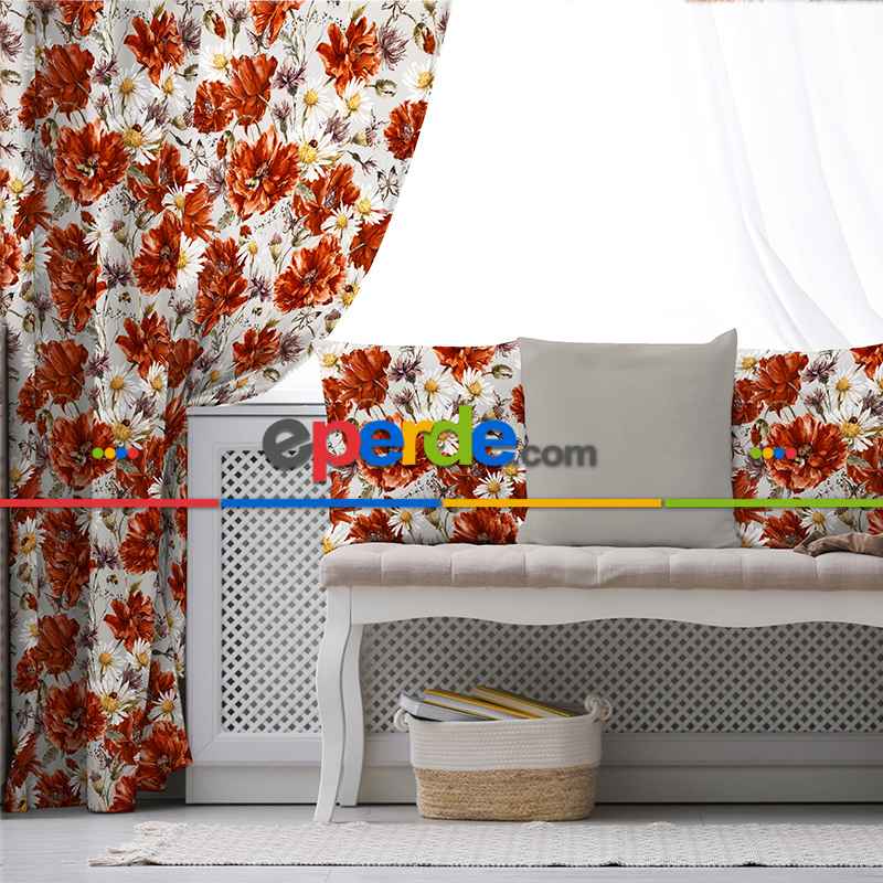 Tropik Desenli Fon Perde Evim645 Kumaşı Kalındır Duck Bezi Değildir- Mavi-beyaz