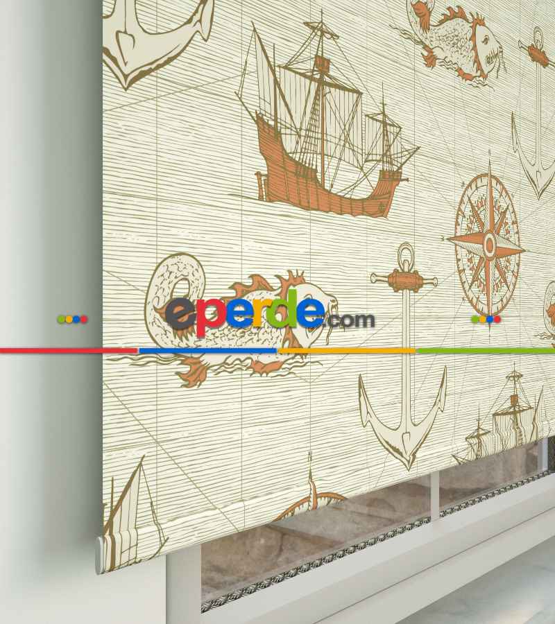 Denizci Desenli Baskılı Stor Perde- Turuncu-çok Renkli