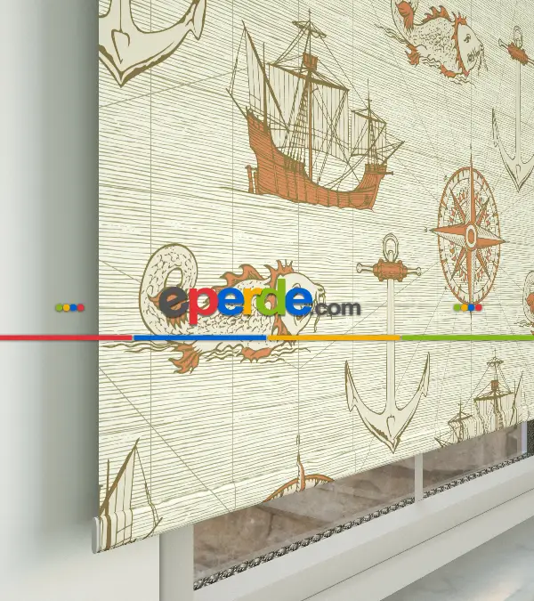 Denizci Desenli Baskılı Stor Perde- Turuncu-çok Renkli