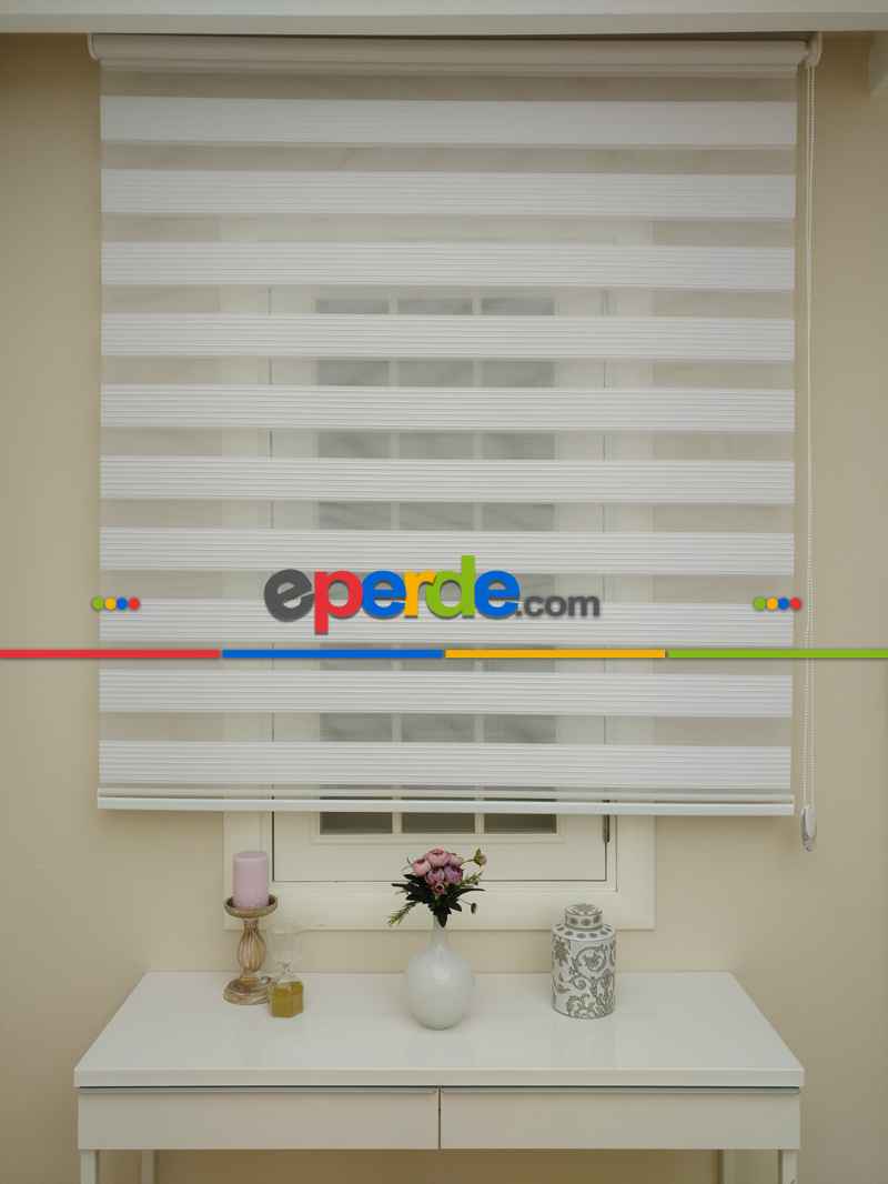 Oturma Odası - Geniş Düz Plise Zebra Perde-ekru Pile- Ekru