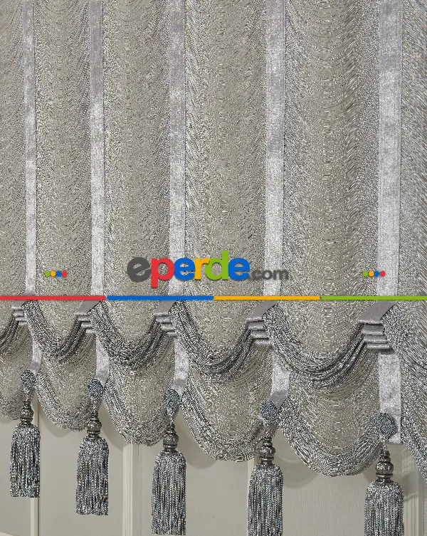 Drape Dar Bant Kadife Bantlı Yarım Şelale İp Perde Gri Gümüş Simli- Gri-füme-antrasit-gümüş Simli