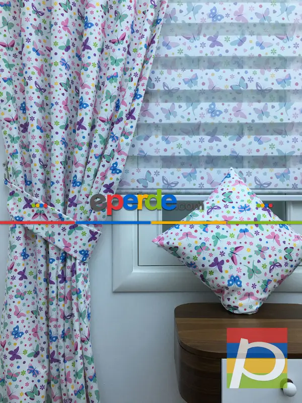Kelebek Desenli Fon Perde (kalın Pamuklu Kumaş)- Mavi-sarı-pembe-mor Patlıcan Moru-su Yeşili-fıstık Yeşili