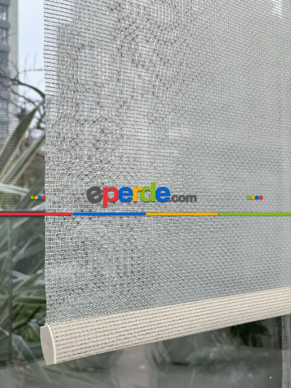 Ekru Krem Simli Çiftli Sistem Tül Stor Perde, Standart Metal Kasalı Yüksek Kalite Kornişe Kolay Montaj Seçenekli