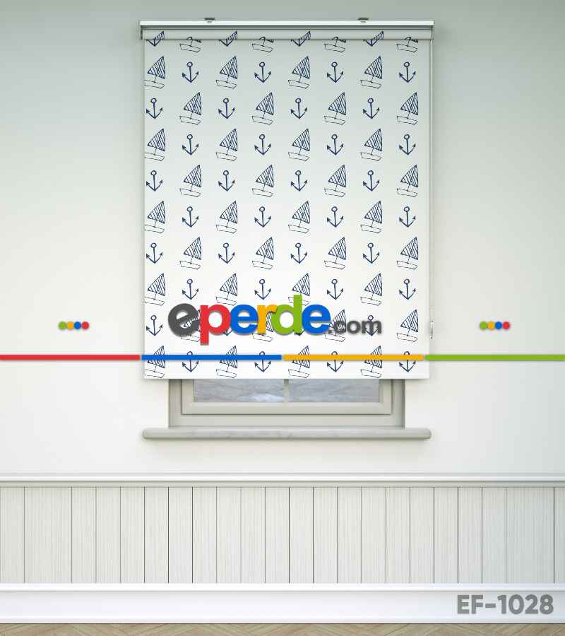 Çapa Ve Yelkenli Baskılı Stor Perde- Mavi-beyaz