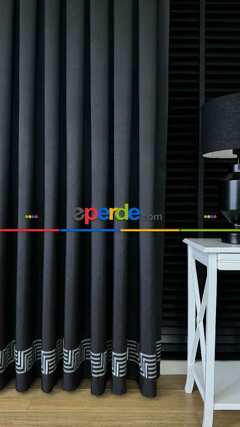 Siyah Etek Ucu Gümüş Nakış İşlemeli Bordür Jakar Dokuma Fon Perde