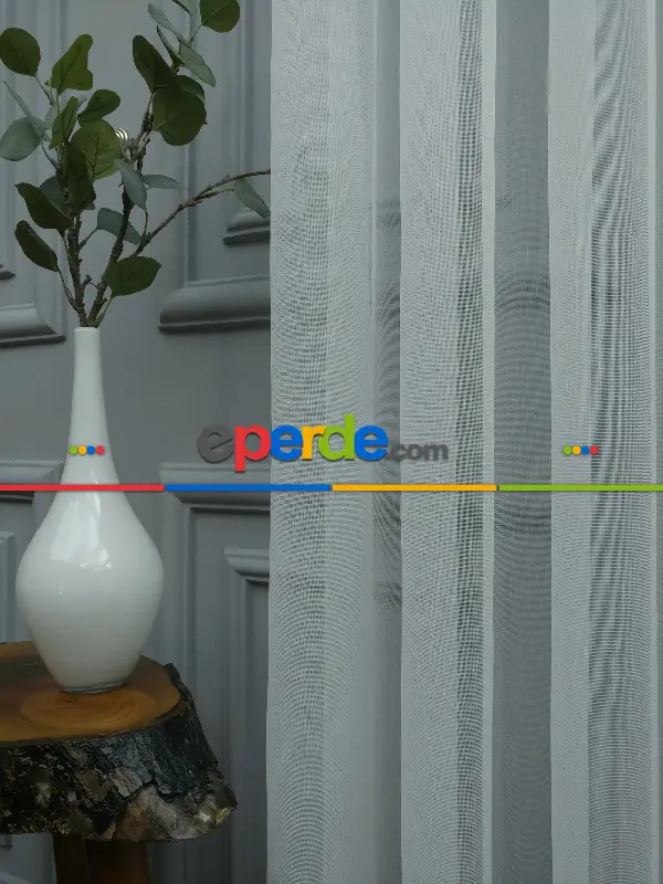 Salon - Düz Buzlu Zemin Tül - Keten Efektli İplikten Ekru Tül - Ütü İstemez- Ekru