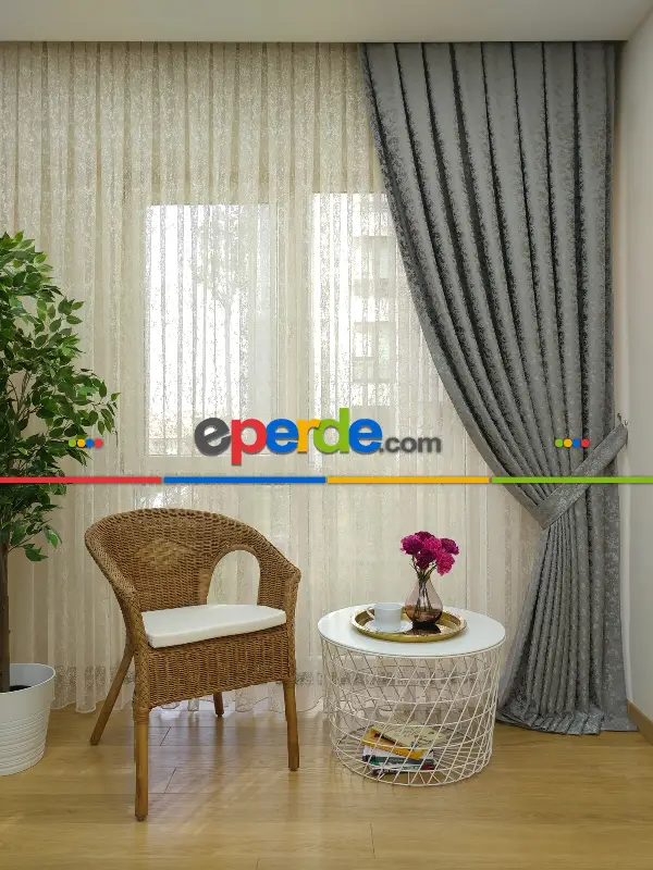 Açık Gri Kendinden Desenli Jakar Fon Perde (285 En)- Gri Açık