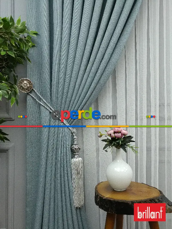 Yatak Odası - Brillant Keten Açık Havai Mavi Renk Düz Fon Perde - Mavi Doymamış-mint