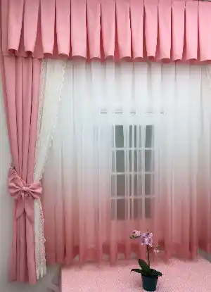 Fonlu Farbalı Tam Takım Perde - Tül Perdesi Hediyedir- Pembe-Ekru